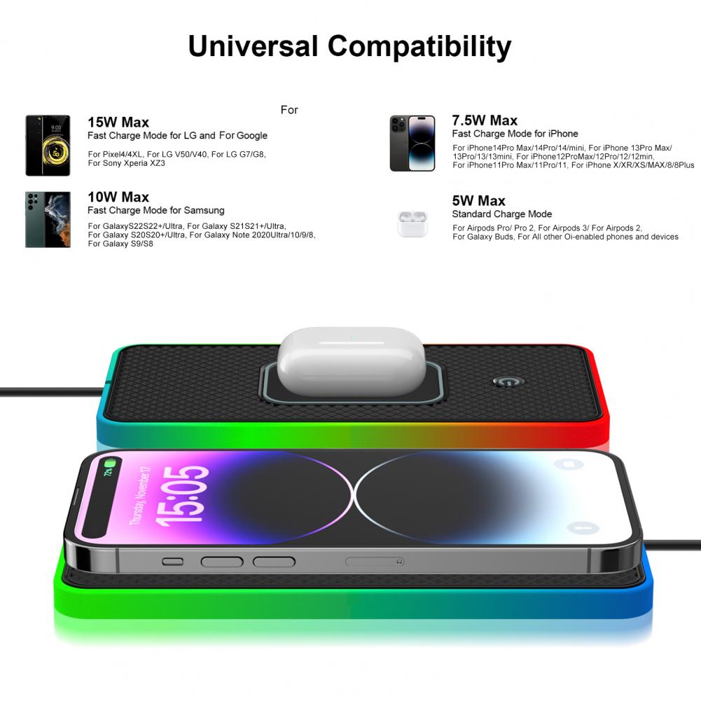 Wireless Phone Charger Pad - 車載電話充電器 20w 急速ワイヤレス充電パッド 滑り止めベース付き 8色アンビエントLEDライト搭載 車載用ユニバーサルコードレス充電器